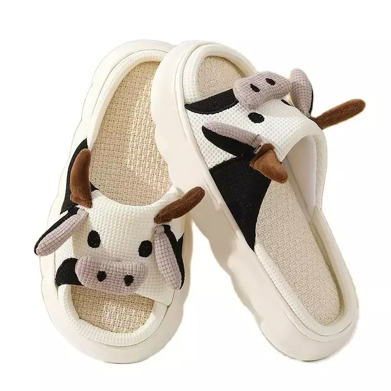 Hot Sale Women Milk Cow Linen Slippers Four Seasons Men Indoor Sandals Adults Cartoon Slides Couples Cute Breathable Home Shoes