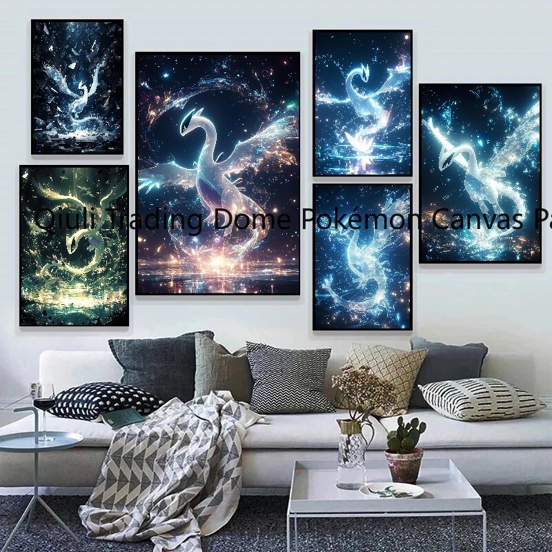Japanese Anime Peripheral Pokemon Poster Decor Lugia Picture Wall Art Watercolor Canvas Painting Modern Room Decor Kids Gifts