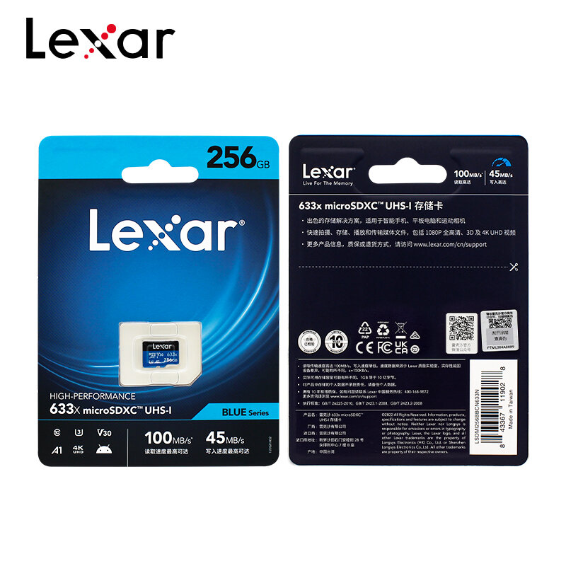 Cartão de Memória Lexar-Flash com Adaptador, Micro SD, TF, MicroSDXC, 633X, 100 Mbps, U3, A2, C10, 32GB, 64GB, 128GB, 256GB, 512GB