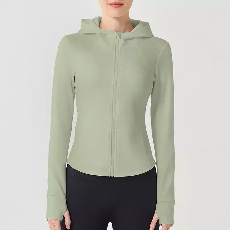 Women Jacket Workout Tops Air Layer Slim Fit Waist Sports Top Zipper Hooded Yoga Jacket Long Sleeve Women Clothing