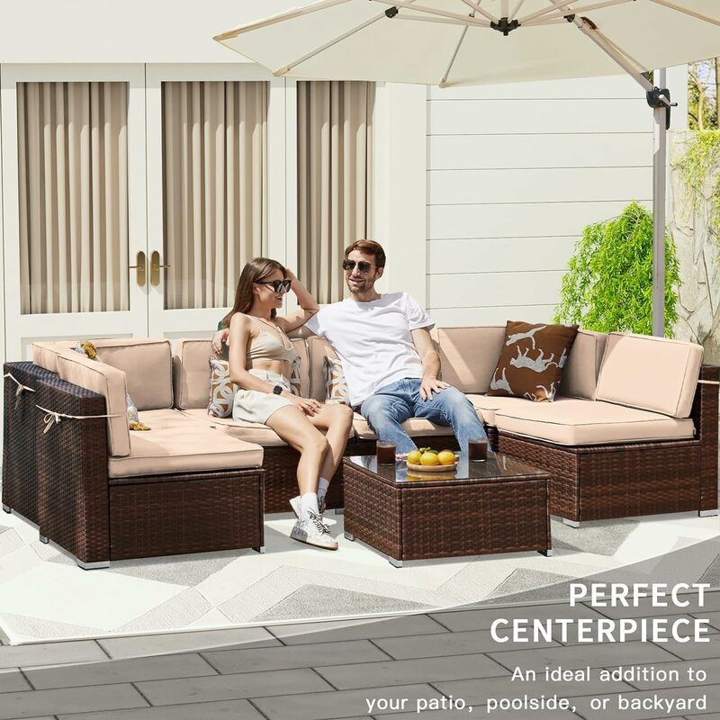 PE Rattan Sofa Wicker Patio Conversation Set with Cover for Deck Balcony Yard Poolside w/Coffee Table Thicken Cushions