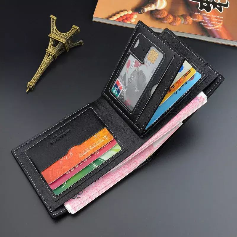 Bolsa masculina curta, multi-cartas, carteira casual para jovens, fina, três vezes, carteira horizontal macia de PU, nova moda, 2021