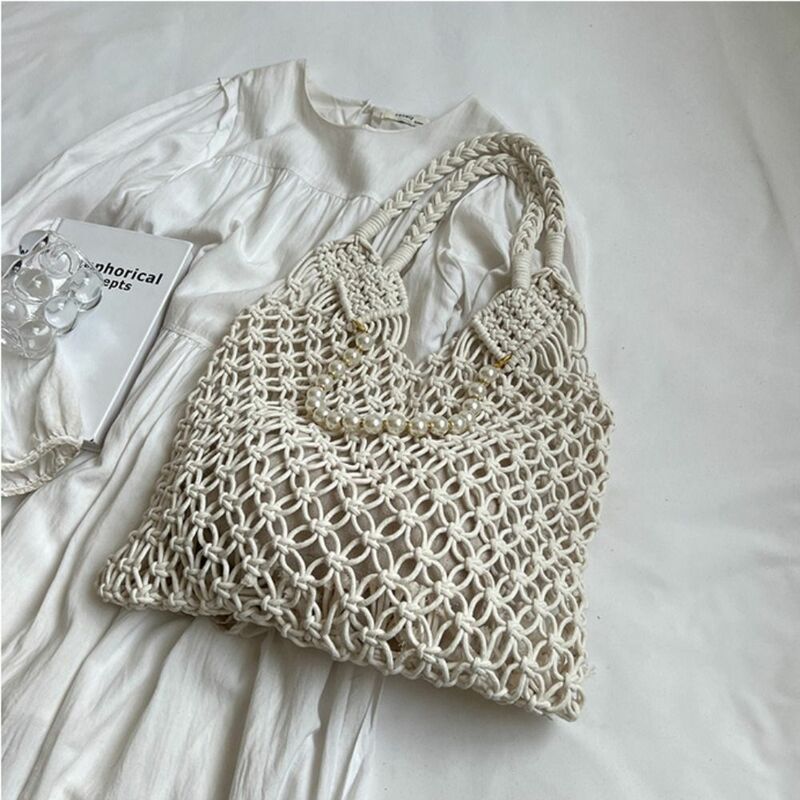 Cotton Thread Hollow Woven Bag Fashion Beach Bag Summer Handbag Lightweight Large Capacity Travel Tote Bag not include pearl