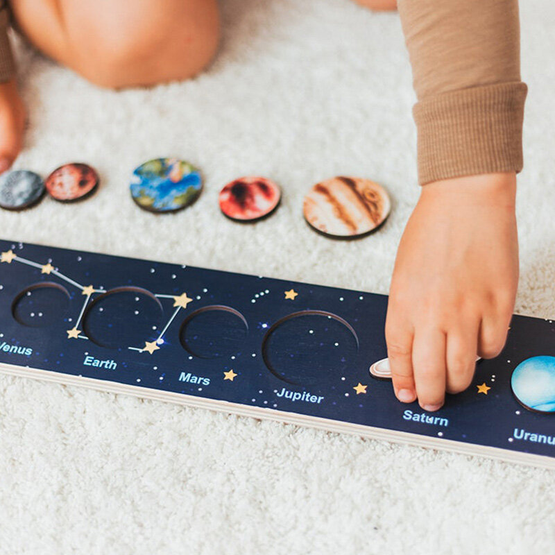 Montessori drewniane Puzzle 3D układ słoneczny planety układanki zabawka dla dziecka Cartoon wczesne zabawki edukacyjne prezent dla dzieci 2 lata