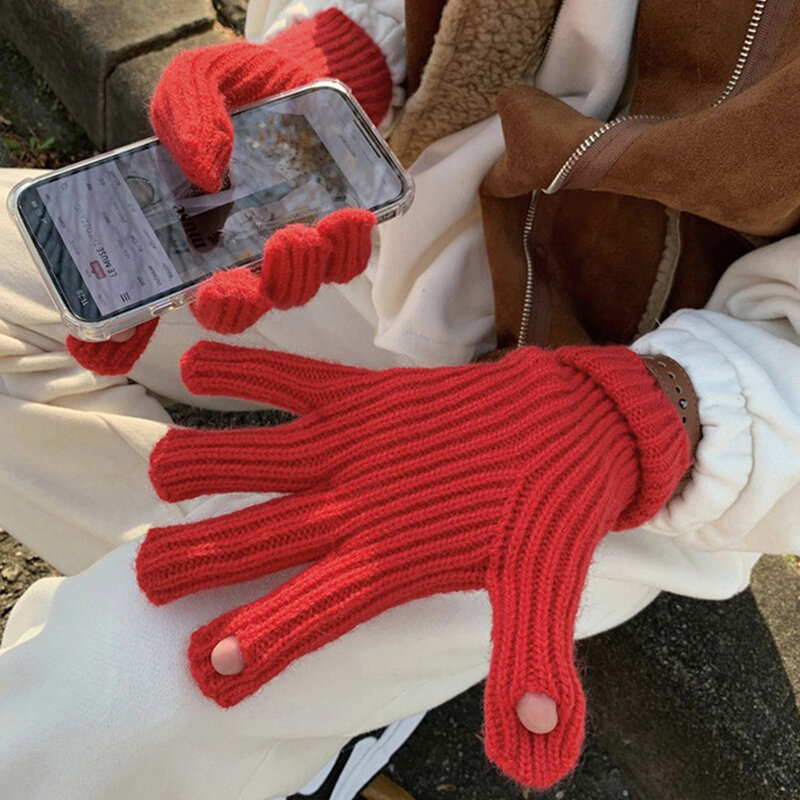 Guantes de punto con pantalla táctil para hombre y mujer, manoplas cálidas de forro polar, esponjosas, dedos expuestos, Harajuku, invierno, novedad