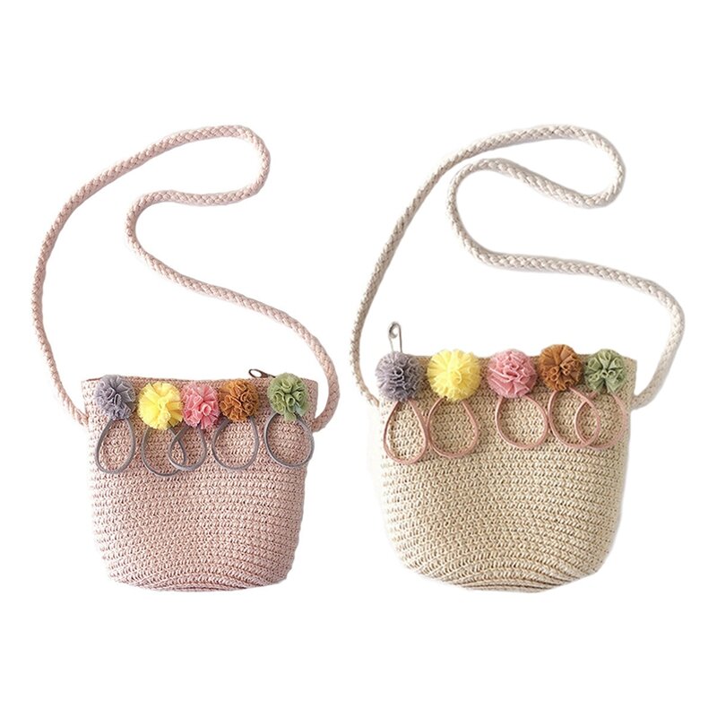 2 buah tas bahu perempuan tas selempang anyaman rotan jerami untuk bayi perempuan Terbaik-krem & merah muda