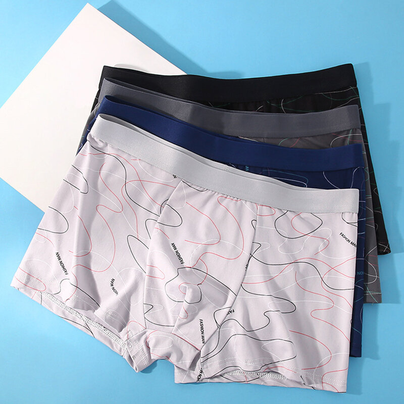 We.Fine 4Pcs Men's Boxer U Convex Underpants Male Comfortable Fashion Printed Panties Man Shorts Breathable Underwear 45-100kg