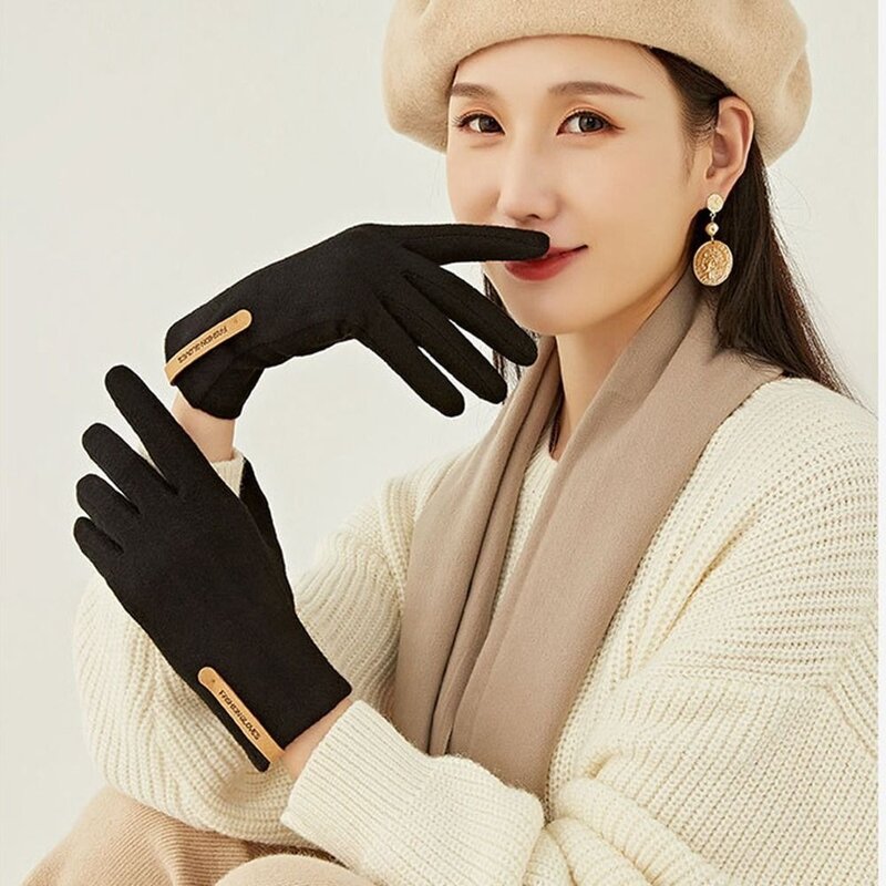 ถุงมือถุงมืออุ่นขนแคชเมียร์แบบเต็มนิ้วถุงมือถุงมือผู้หญิงสำหรับฤดูหนาวมีตัวอักษรผ้ากำมะหยี่