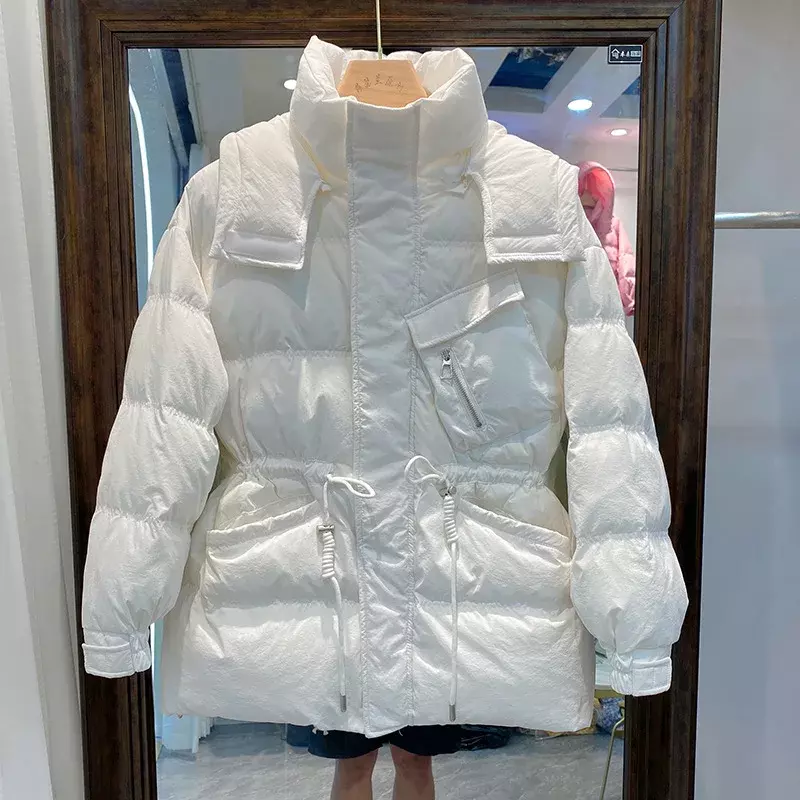 Jaket bulu halus Musim Dingin Wanita, mantel pinggang tebal ritsleting miring saku 2023 putih bebek bawah kualitas tinggi warna hitam kuning 90%