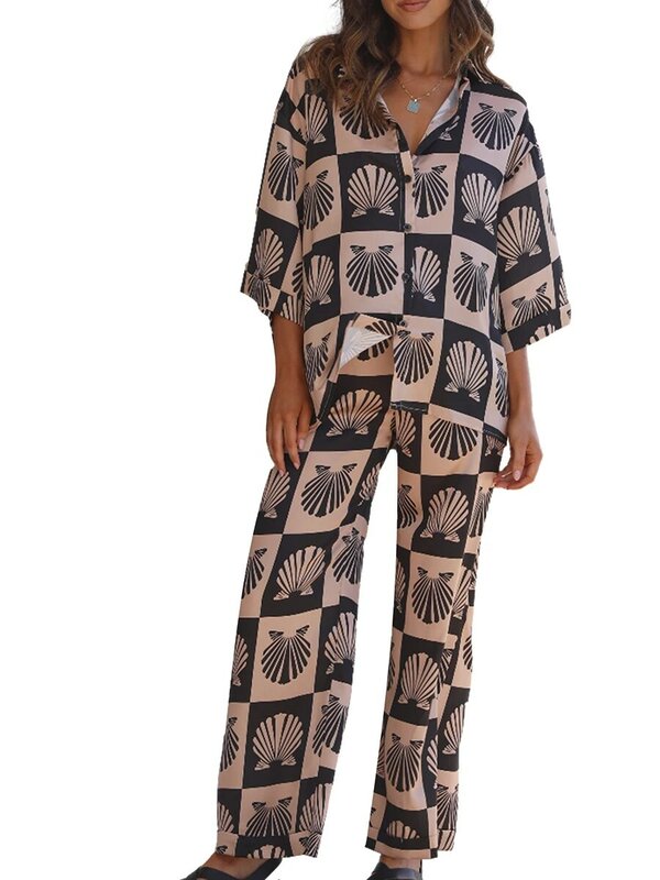 Conjunto de pijama feminino de botão manga comprida, camisa de botão, ajuste solto, calças de perna larga, lounge, roupa de dormir, loungewear, Y2K