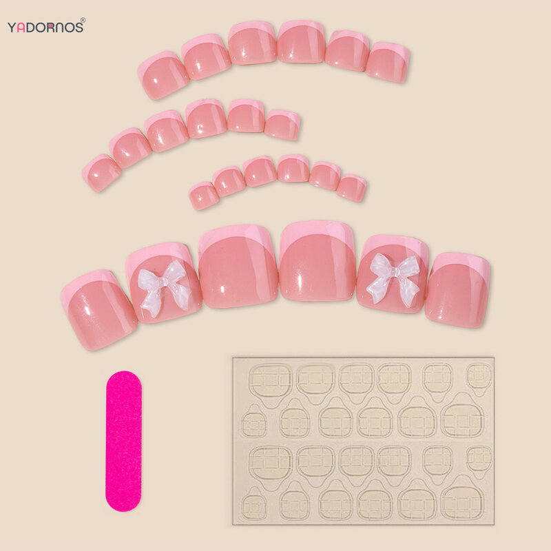 Uñas postizas de estilo francés para mujer y niña, manicura de verano rosa, diseño de lazo, usable