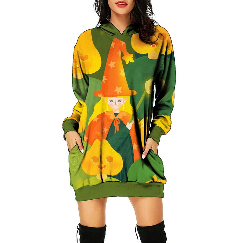 Женское Повседневное платье-свитшот с капюшоном, Осень-зима 2023, платье с принтом на Хэллоуин, Летняя женская одежда