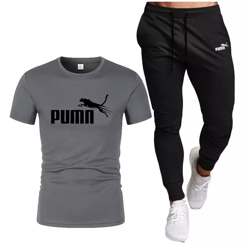 Chándal de dos piezas para hombre, traje deportivo de Fitness, camiseta de manga corta y pantalones, ropa deportiva informal transpirable