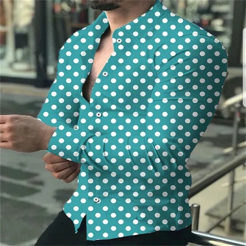 2024 Nieuwe Heren Button-Down Lange Mouwen Polka Dot Revers Shirt Outdoor Street Fashion Casual Ademende Comfortabele Kleding Top