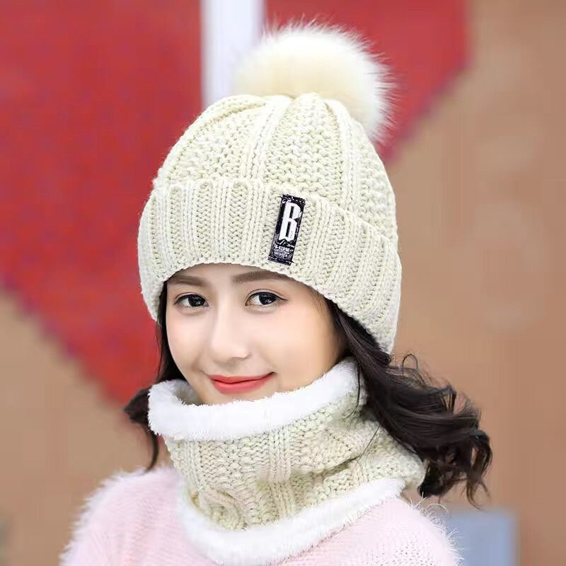 Winter Knitted Scarf Hat Set Outdoor Cycling Riding Ski Bonnet Caps Scarf Thick Warm Skullies Beanies Hats For Women 