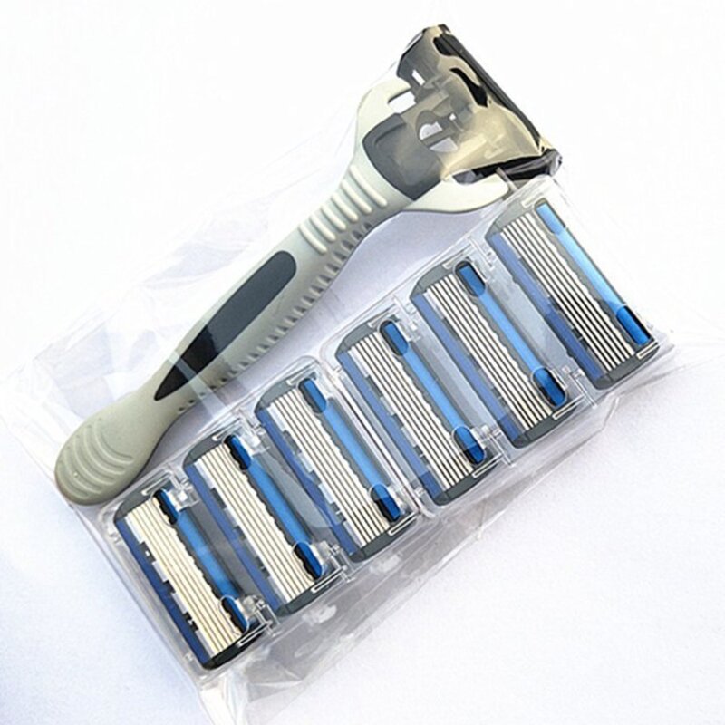 Maquinilla de afeitar de seguridad para hombres, herramienta de depilación corporal y facial, cuchilla de 6 capas, 1 soporte y 6 cabezales de repuesto