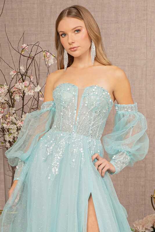 Женское вечернее платье с пышными рукавами, синее ТРАПЕЦИЕВИДНОЕ фатиновое платье с блестками, модель 2024