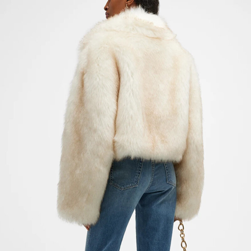 女性のためのふわふわの毛皮のジャケット,厚くてシックな偽のキツネの毛皮のコート,高級ブランド,ランウェイファッション,黄色のグラデーション,冬のアクセサリー,2023