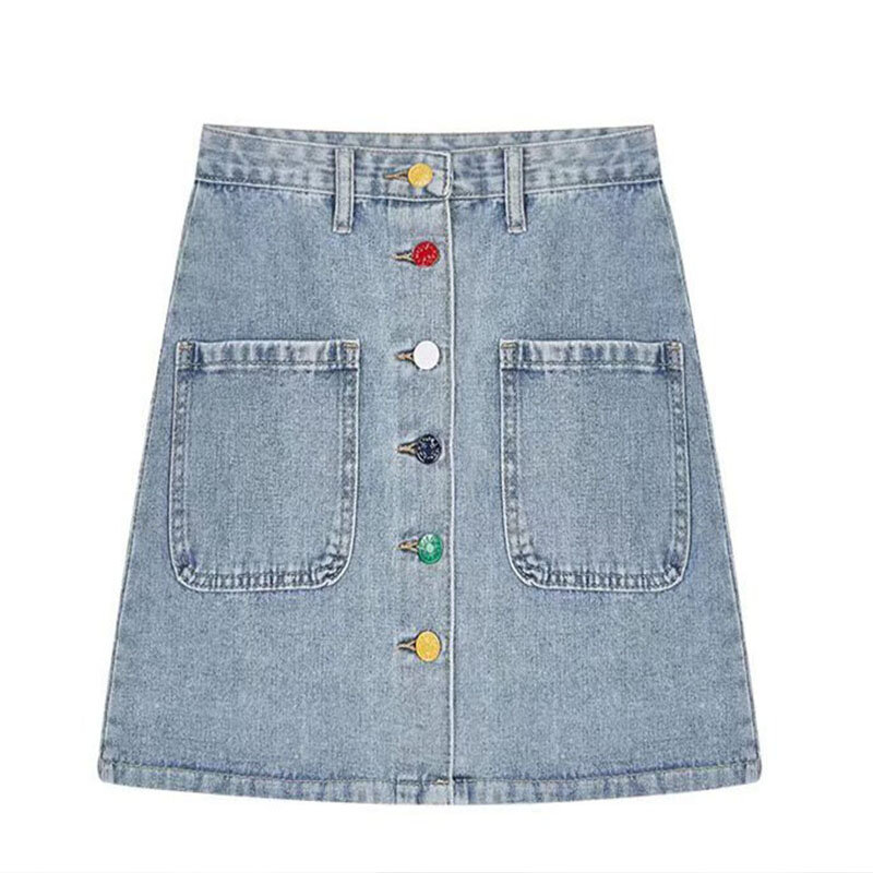 Джинсовая короткая юбка на пуговицах спереди, Женская Весенняя винтажная мини-юбка из джинсовой ткани с карманами, женская короткая повседневная юбка с разрезом спереди и высокой талией