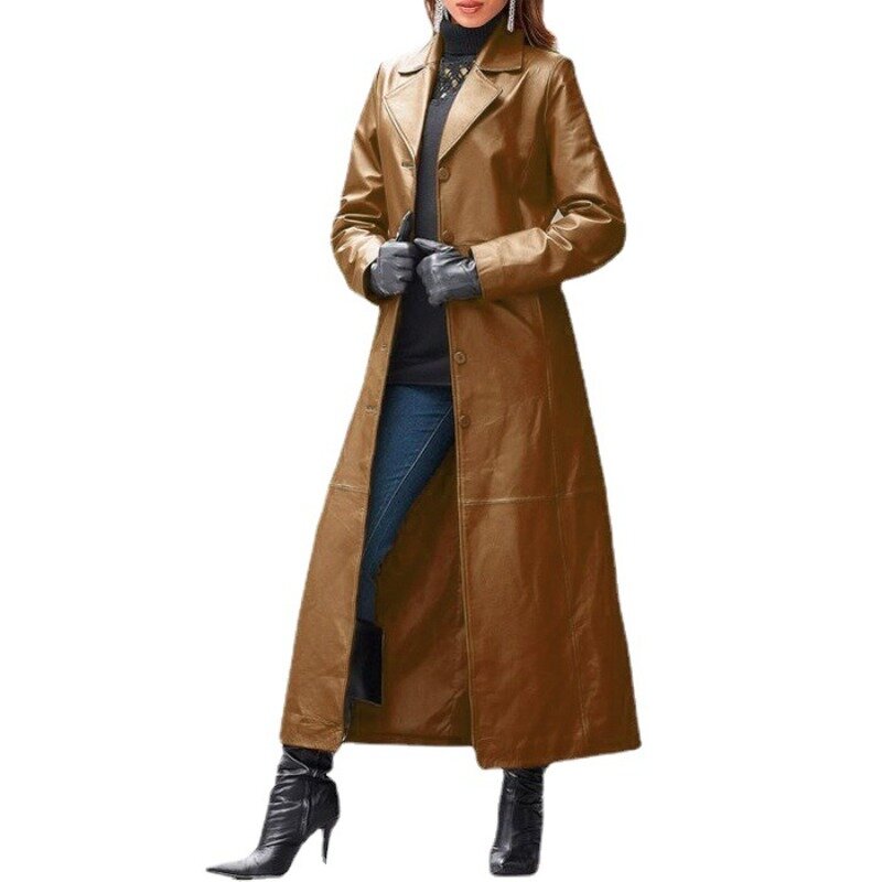 Новинка 2023, модная трендовая женская кожаная куртка на пуговицах в европейском и американском стиле, Удлиненное пальто, приталенная большая кожаная ветровка