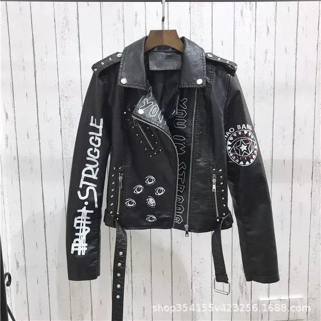 Jaket Kulit Lembut Print Imitasi Wanita Musim Semi Musim Gugur Musim Dingin Pu Mantel Motor Hitam Punk Gothic Biker Pakaian Saku Paku Keling