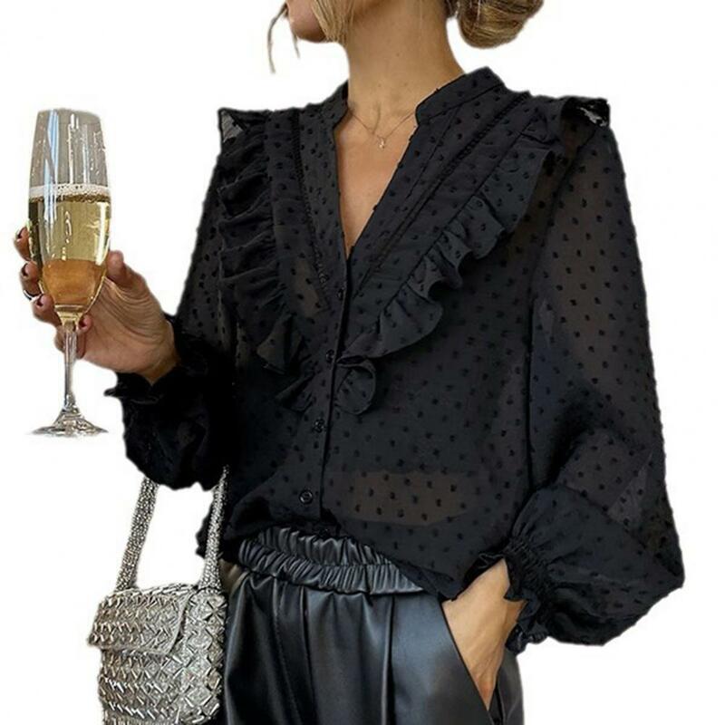 Camisa feminina solta de plissado, elegante luva lanterna, guarnição do plissado, estampa ponto, streetwear casual com decote em v