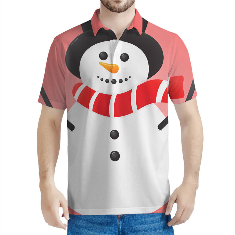 Рубашка-поло мужская с 3D-принтом снеговика, летняя уличная одежда с лацканами, топ с короткими рукавами, свободная футболка на пуговицах