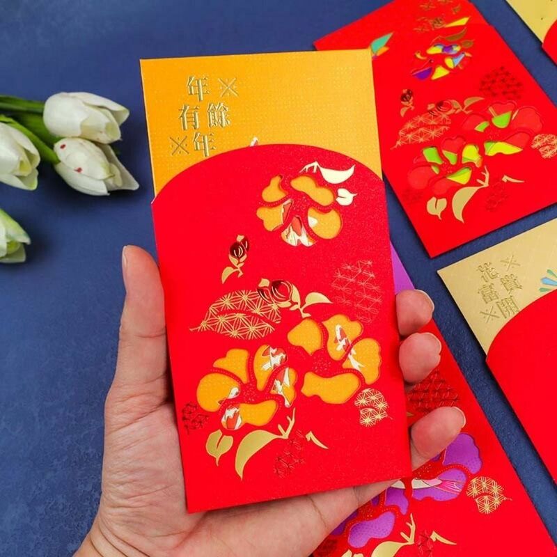 2 buah/set perlengkapan Festival Musim Semi kartu ucapan amplop merah berlubang tas uang keberuntungan perunggu Tahun naga Cina
