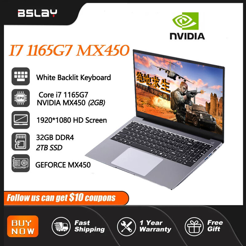 Laptop i7 1165G7 NVIDIA MX450 32G DDR4 2TB SSD 15.6 Inch 11TH Gen Gaming Laptop Core Win11 Pro 1920*1080 Przenośny notebook