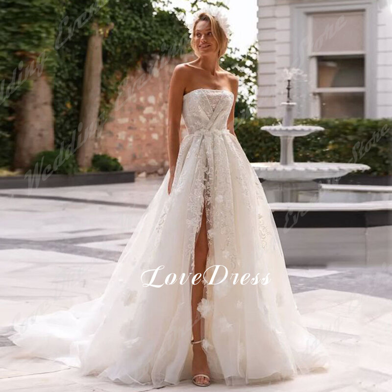 LoveDress Elegant Strapless Wedding Dresses For Women High Split A-Line Lace Appliques Backless Bride Gown Train Robe de Mariée