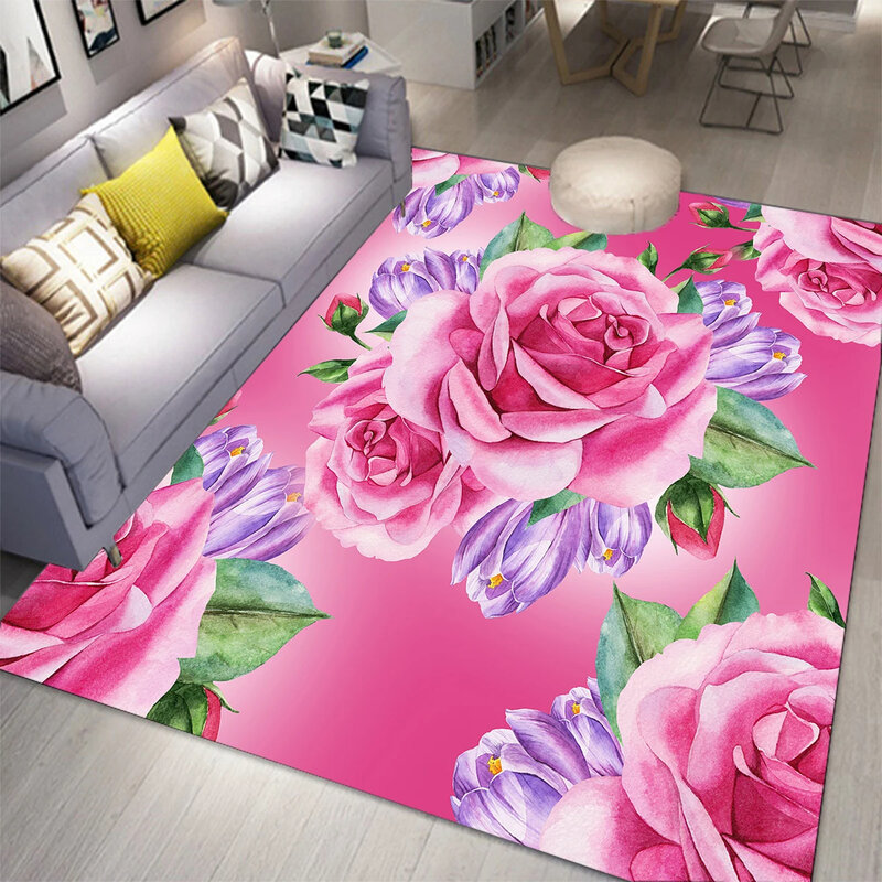 Tapete de área rosa flor romântica, capacho para sala de estar, decoração do quarto, tapete floral botânico, tapete rural pastoral