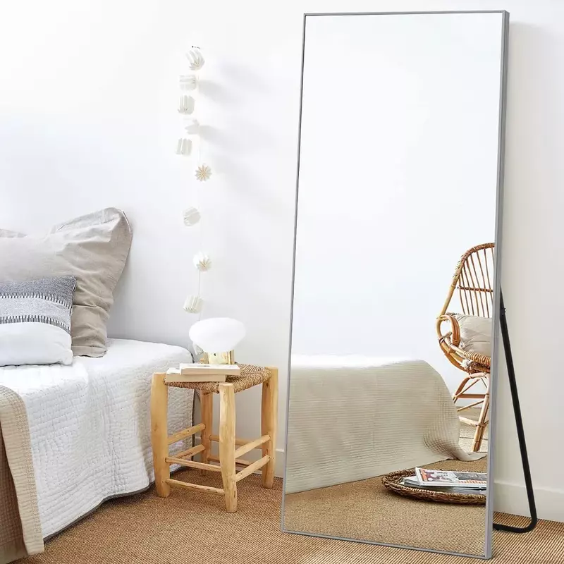Зеркало в полную длину, зеркальное покрытие для пола, с рамкой из серебристого алюминиевого сплава, 65 х22 дюйма, для гостиной, Бесплатная мебель для дома