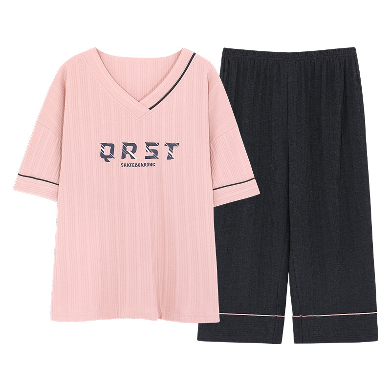 Verão feminino pijamas conjunto de algodão knited senhoras sleepwear sólido manga curta feminino lazer homewear