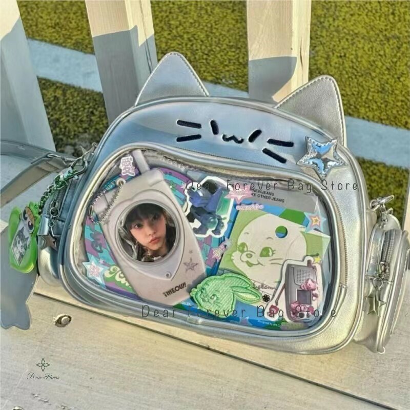 Y2K Korean Cute Cat Ita Bag Japan Kawaii PU Crossbody Bag Girls Transparent Pocket Harajuku Shoulder Bag Silver Fashion Backpack