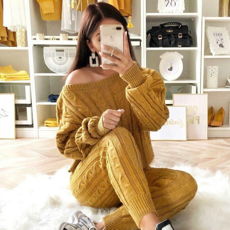 Women 2 Pieces Sets Knitted Long Sleeve O-neck Sweater Top & Long Pants Suit Solid Color 5xl 2023 Autumn Winter Clothing