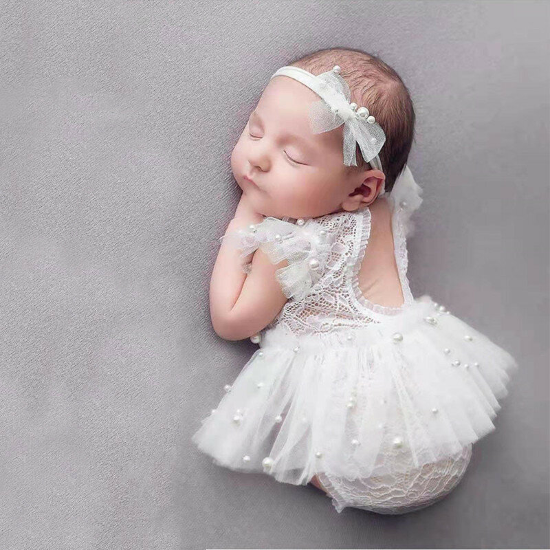0-1 Month Baby Girl Lace Pearl Princess Dress  Newborn Photography Props Outfit Photo Shoot Costume