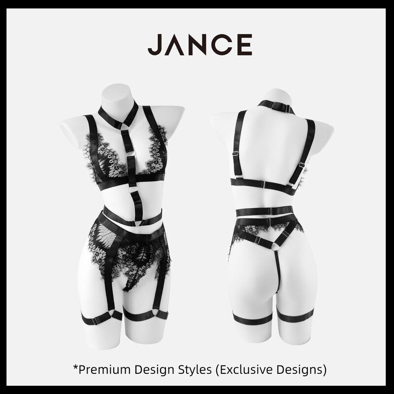 Jance-Conjunto de pijama de encaje de pestañas negras, lencería erótica Sexy, camisola, diseño Original de alta gama, Premium, 4 piezas