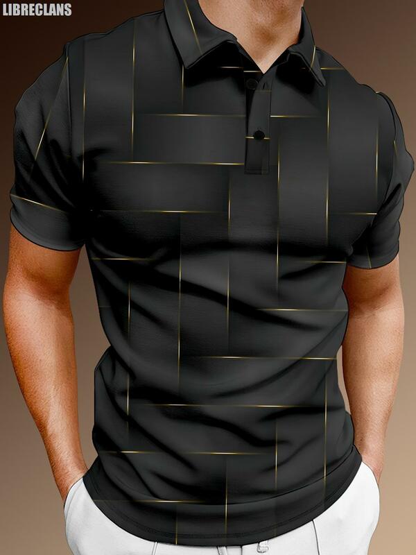 Męska szara w kratę drukowana koszulka 2023 nowe bluzki POLO z guzikami na co dzień odzież męska w stylu Vintage luźne sportowe bluzki z krótkim rękawem