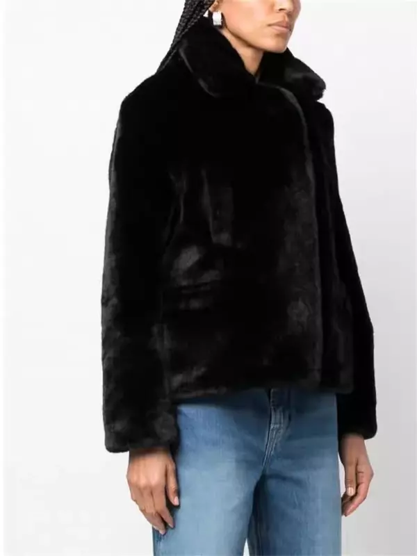 Women Jacket Plush Turn-down Collar Zipper Pockets Winter Casual Warm Coat