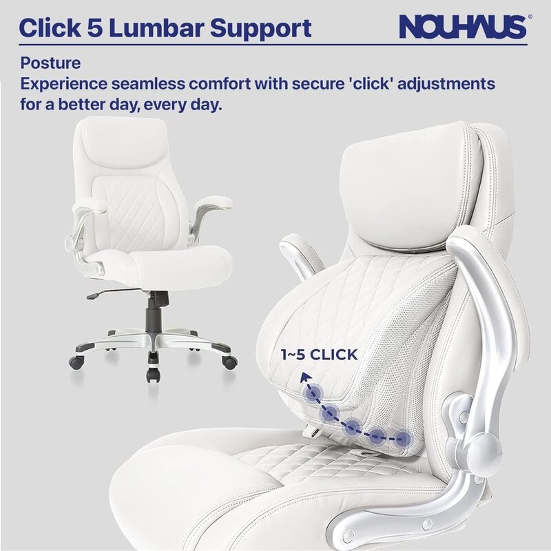 인체 공학적 PU 가죽 사무실 의자. 플립 조정 팔걸이가 있는 요추 지지대, 모던 이그제큐티브 의자 및 컴퓨터 책상 의자 (흰색)