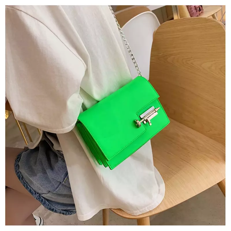 Bolsos de hombro de viaje para mujer, bolso cruzado informal con cadena, paquete de PU verde neón para niñas jóvenes