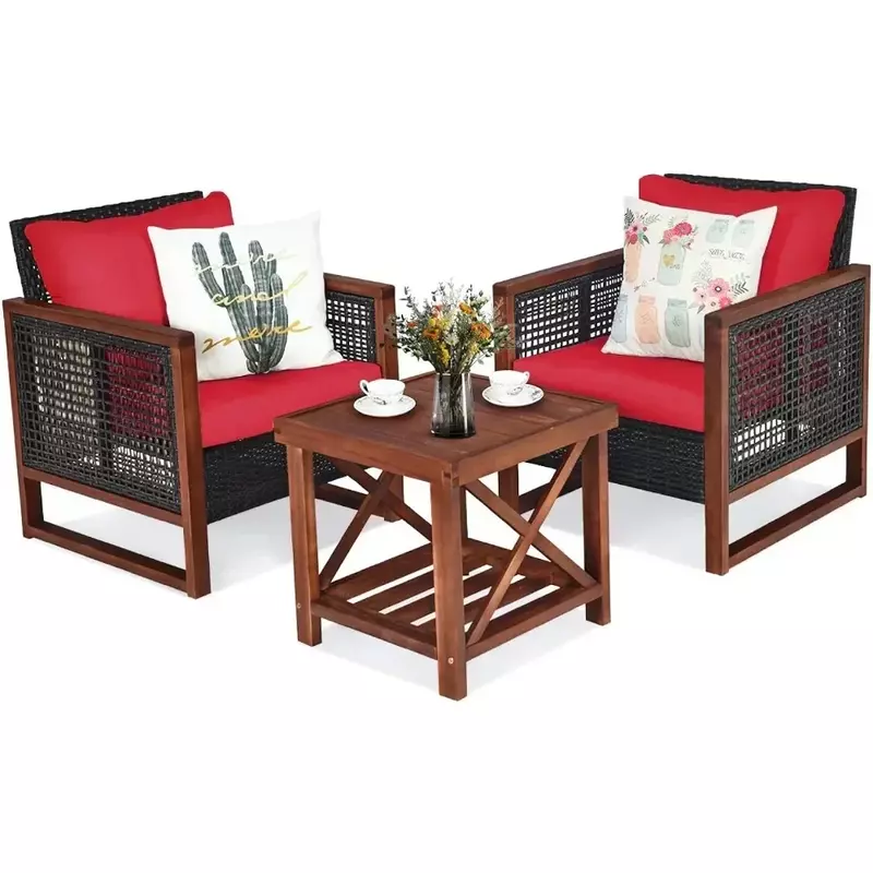 WUNICEF-Ensemble de meubles de jardin en rotin, canapé d'extérieur, coussin en bois d'acacia, canapé de jardin rouge, bistrot de conversation