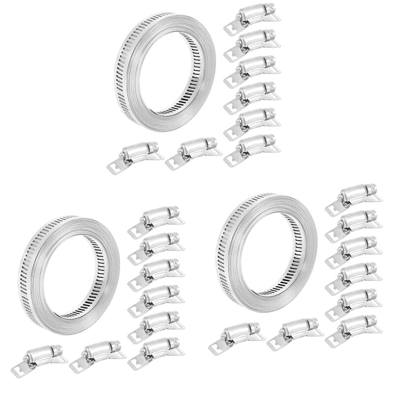 3X 304 Stainless Steel Worm Clamp Hose Clamp Strap With Fasteners Adjustable DIY Pipe Hose Clamp Ducting Clamp 11.5 Feet