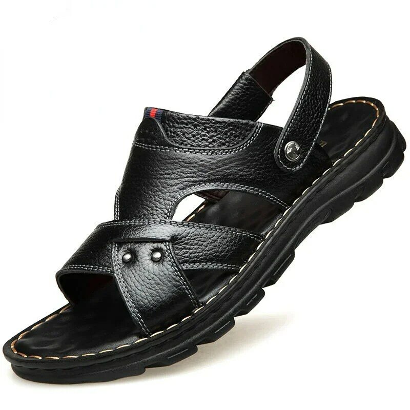 Sandales d'été en cuir véritable pour hommes, nouvelles pantoufles souples, chaussures plates décontractées, 2023