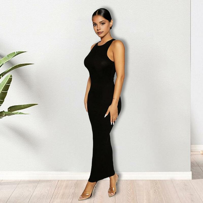 Solid Color Women Dress Elegant Maxi Dress for Women Round Neck Sheath Style with High Elasticity Ankle Length for Club Parties