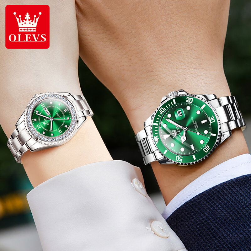 OLEVS orologio da coppia originale di marca di lusso impermeabile orologio al quarzo da uomo e da donna verde orologio da polso da settimana con calendario amante romantico