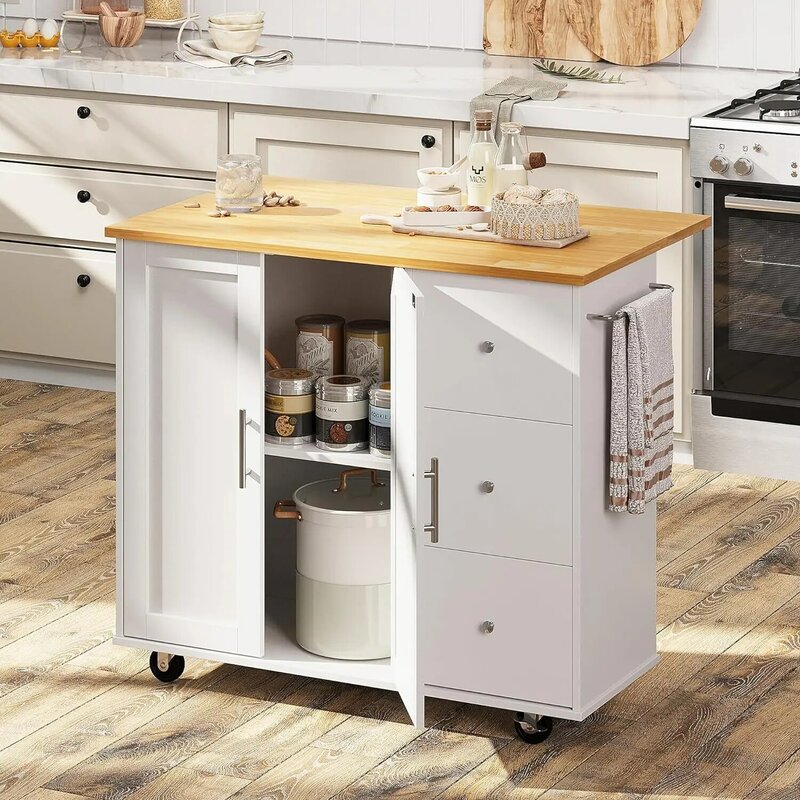 Shintenchi Rolling Kitchen Island Cart with Folding Drop Leaf Breakfast Bar, Portable Trolley Island with Large Storage Cabinet,