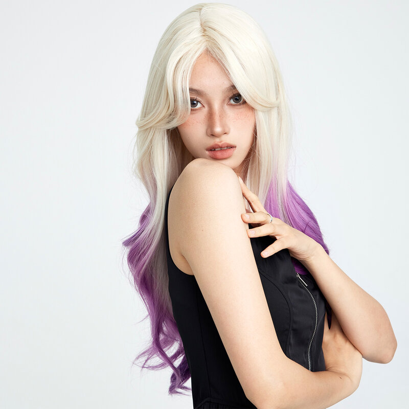Smilco Omber Gradient Wihte To Purple Long Straight Synthetic Wigs With Bangs For Women Daily High Temperature Natural Fake Hair