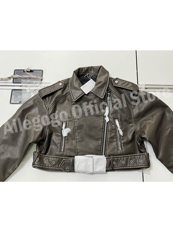 SUSOLA Women Vintage Loose Pu Faux Leather Short Jacket with Belt Streetwear Female Zipper Retro Moto Biker Coat Outwear Tops