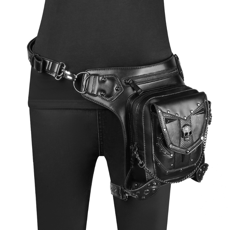 Chikage Euramerican Punk Locomotive Skull Chain Bag Multi-function Women's Crossbody Bag Large Capacity PU Leather Waist Pack